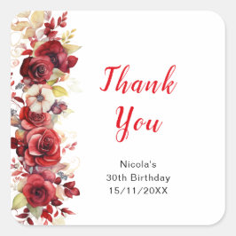 Romantic Red Roses Floral Birthday Party Vierkante Sticker