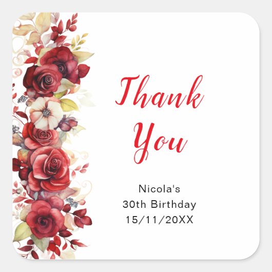 Romantic Red Roses Floral Birthday Party Vierkante Sticker (Voorkant)