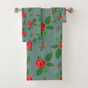 Romantic Red Roses Floral Pattern Green leest Bat Bad Handdoek