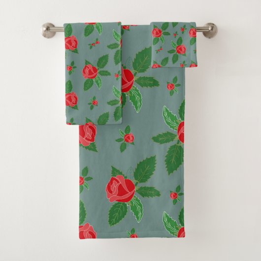 Romantic Red Roses Floral Pattern Green leest Bat Bad Handdoek (Insitu)