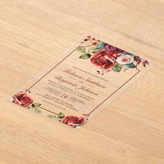 Romantic Red Roses Floral Wedding Acryl Uitnodigingen (Laagn)