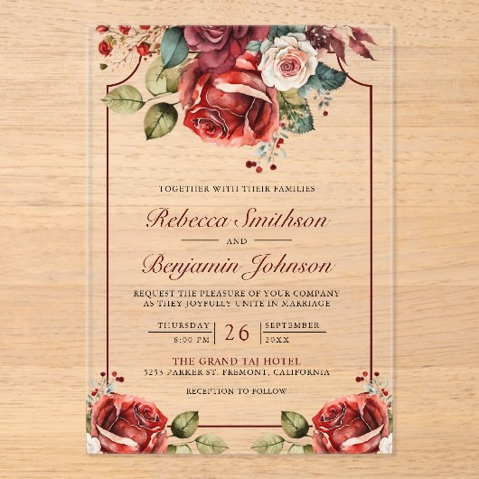 Romantic Red Roses Floral Wedding Acryl Uitnodigingen (Voorkant)