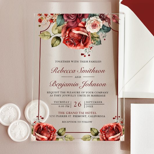 Romantic Red Roses Floral Wedding Acryl Uitnodigingen