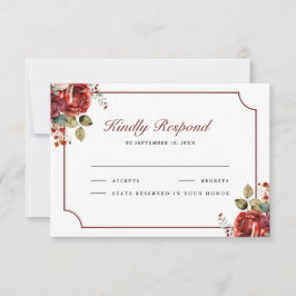 Romantic Red Roses Floral Wedding RSVP Kaartje