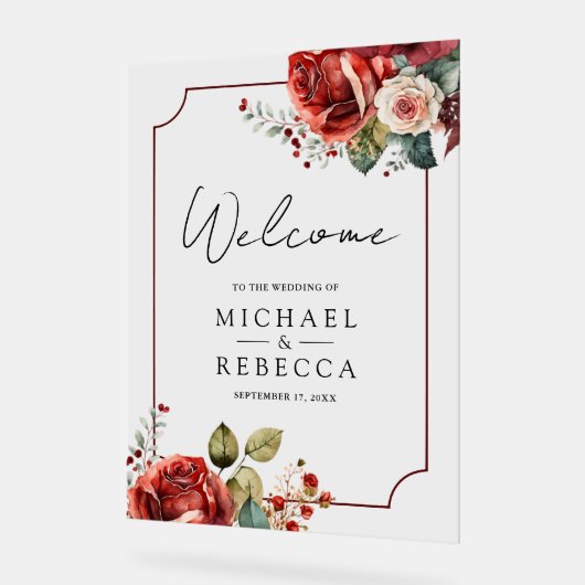 Romantic Red Roses Floral Wedding Welcome Acryl Bord (Hoek)