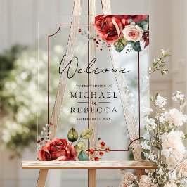 Romantic Red Roses Floral Wedding Welcome Acryl Bord