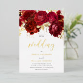 Romantic Red Roses Gold Foil Wedding Folie Uitnodiging (Staand Voorkant)