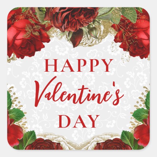 Romantic Red Roses Happy Valentine's Day Vierkante Sticker (Voorkant)