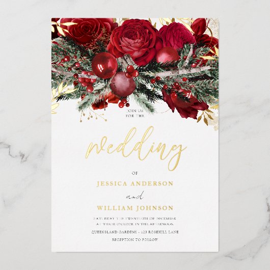 Romantic Red Roses kerstbruiloft Gold Folie Uitnodiging (Voorkant)
