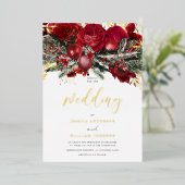 Romantic Red Roses kerstbruiloft Gold Folie Uitnodiging (Staand Voorkant)