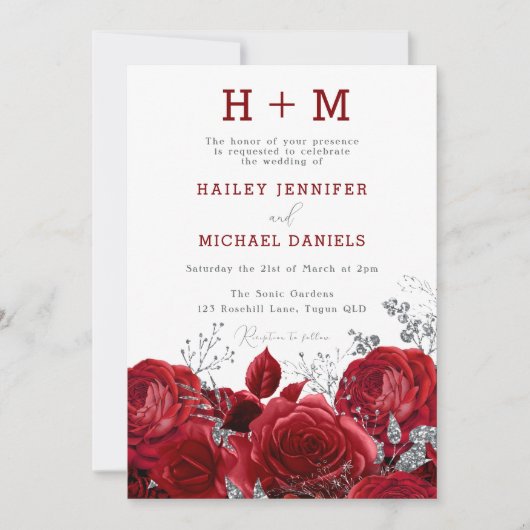 Romantic Red Roses Monogram Weddenschap Kaart (Voorkant)