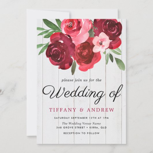 Romantic Red Roses Rustic Wedding Invite Kaart (Voorkant)