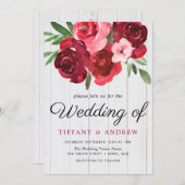 Romantic Red Roses Rustic Wedding Invite Kaart (Voorkant / Achterkant)