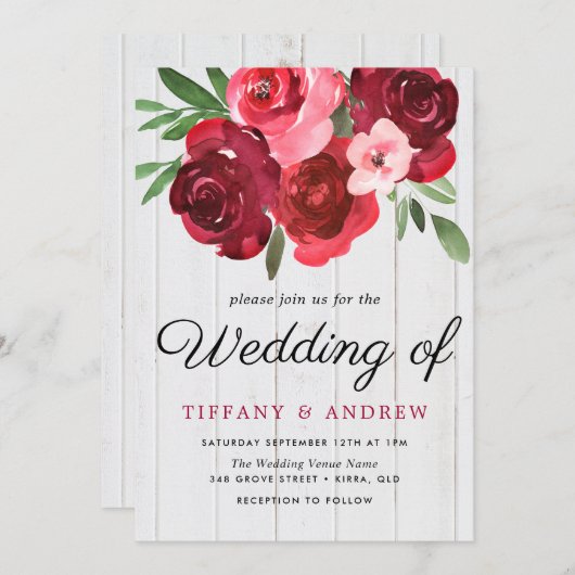 Romantic Red Roses Rustic Wedding Invite Kaart (Voorkant / Achterkant)