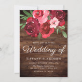Romantic Red Roses Rustic Wedding Invite Kaart (Voorkant)
