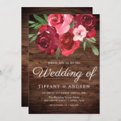 Romantic Red Roses Rustic Wedding Invite Kaart (Voorkant / Achterkant)