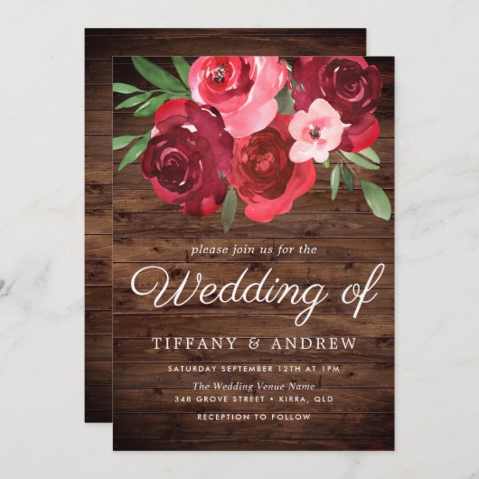 Romantic Red Roses Rustic Wedding Invite Kaart (Voorkant / Achterkant)