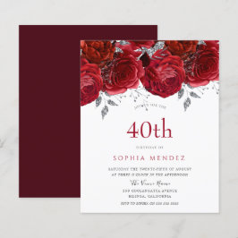 Romantic Red Roses Silver 40th Birthday Invitation