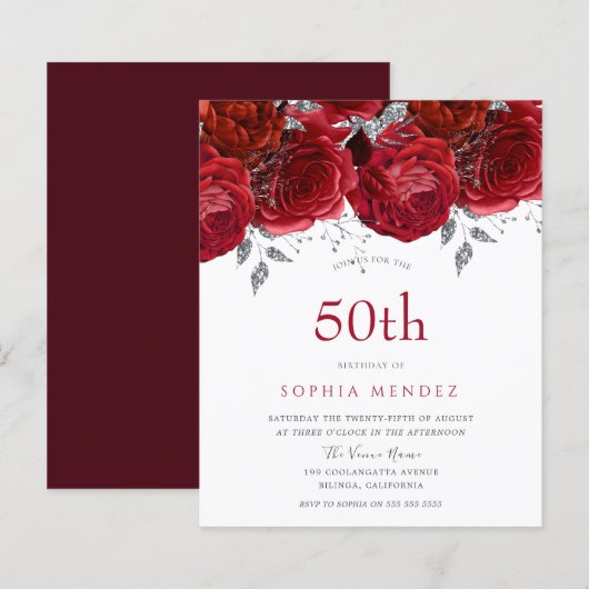 Romantic Red Roses Silver 50th Birthday Invitation (Voorkant / Achterkant)