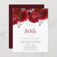 Romantic Red Roses Silver 50th Birthday Invitation