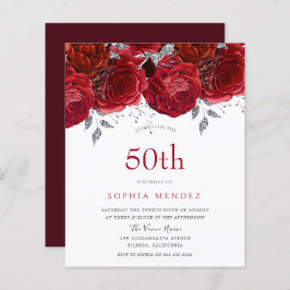 Romantic Red Roses Silver 50th Birthday Invitation