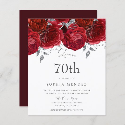 Romantic Red Roses Silver 70th Birthday Invitation (Voorkant / Achterkant)