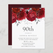 Romantic Red Roses Silver 90th Birthday Invitation (Voorkant / Achterkant)