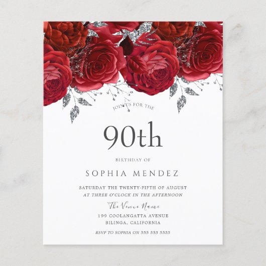 Romantic Red Roses Silver 90th Birthday Invitation (Voorkant)