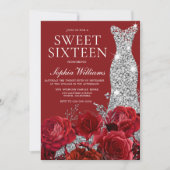 Romantic Red Roses Silver Diamond Gown Sweet 16 Kaart (Voorkant)
