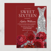 Romantic Red Roses Silver Diamond Gown Sweet 16 Kaart (Voorkant / Achterkant)