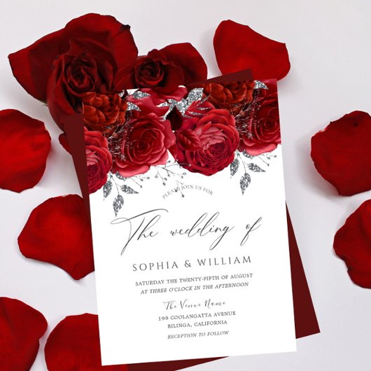 Romantic Red Roses Silver Leaf Elegant Wedding Kaart