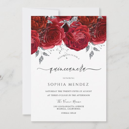 Romantic Red Roses Silver Leaf Quinceanera Kaart (Voorkant)
