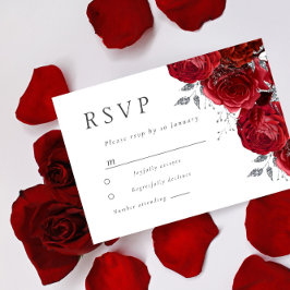 Romantic Red Roses Silver Leaf Wedding RSVP Kaartje