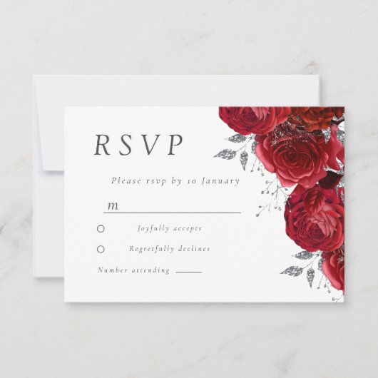 Romantic Red Roses Silver Leaf Wedding RSVP Kaartje (Voorkant)