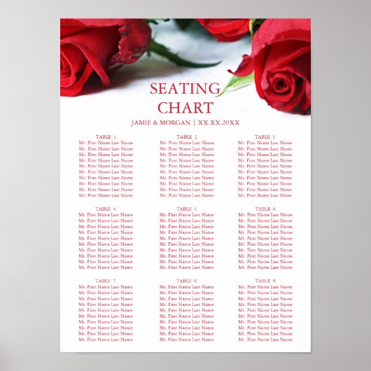 Romantic Red Roses Wedding Seating Chart Poster (Voorkant)