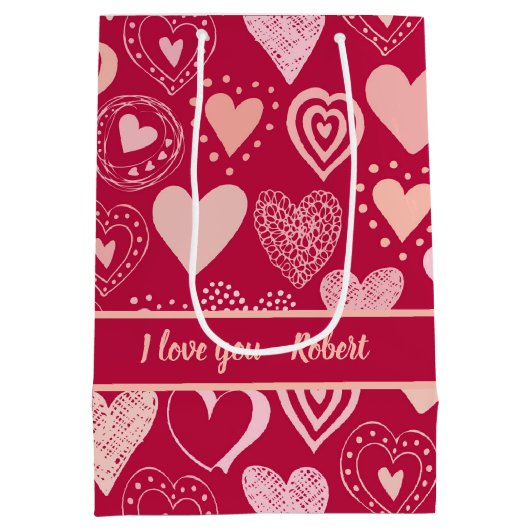 Romantic Red Valentine Hearts with Custom Message Medium Cadeauzakje (Achterkant)