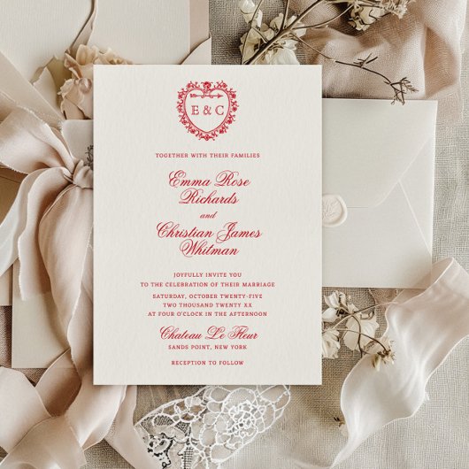 Romantic Red Vintage Monogram Crest Wedding Kaart