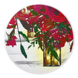Romantic Red Waterverf Rozen & Lantern Rustic Keramische Knop