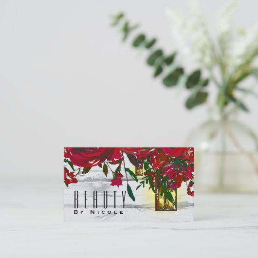 Romantic Red Waterverf Rozen & Lantern Rustic Visitekaartje (Staand voorkant)