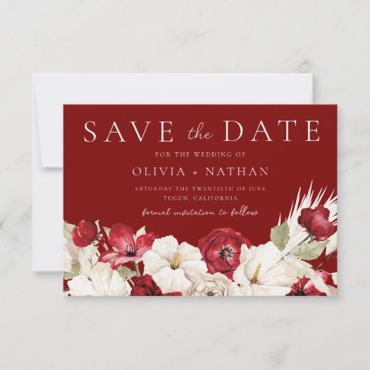 Romantic Red & White Flowers Wedding Save The Date (Voorkant)