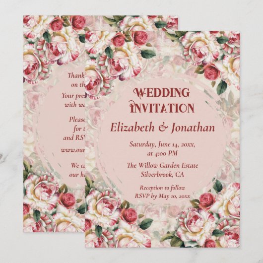 Romantic Red-White Roses Custom wedding invitation (Voorkant / Achterkant)