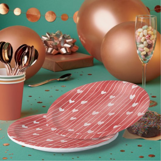 Romantic Red White Stripes Hearts Love Papieren Bordje (Multi)