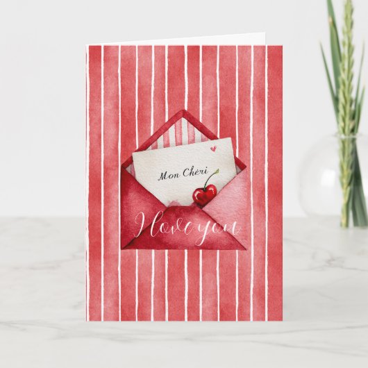 Romantic Red White Stripes Mon Cheri Love Kaart (Voorkant)