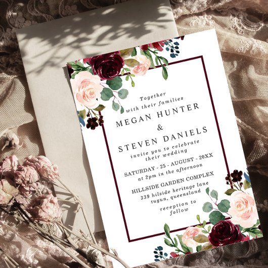 Romantic Red Wine Flowers Elegant Wedding Kaart