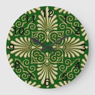Romantic Retro Art Deco Damask Green Gold 01 Grote Klok