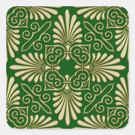 Romantic Retro Art Deco Damask Green Gold 01 Vierkante Sticker (Voorkant)