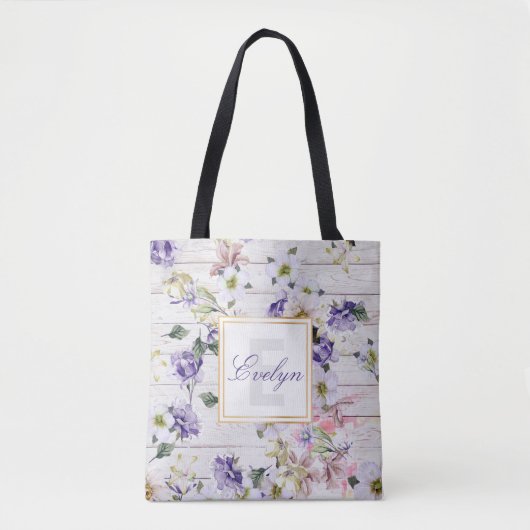 Romantic Retro Flowers op Barn Wood & Name Tote Bag (Voorkant)
