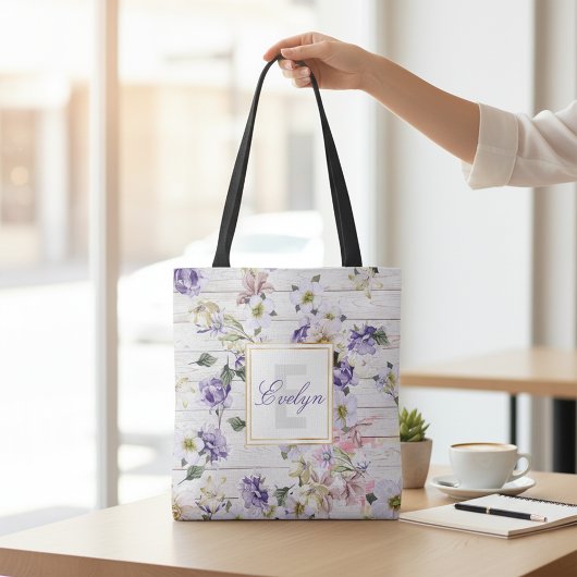 Romantic  Retro Flowers op Barn Wood & Name Tote Bag