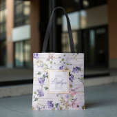 Romantic Retro Flowers op Barn Wood & Name Tote Bag