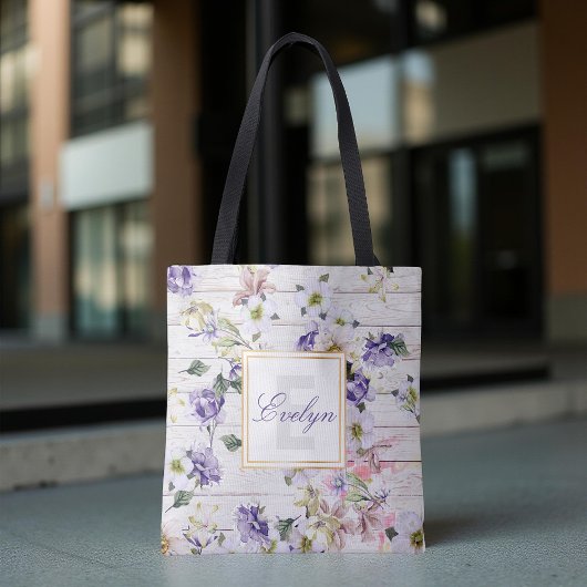 Romantic  Retro Flowers op Barn Wood & Name Tote Bag